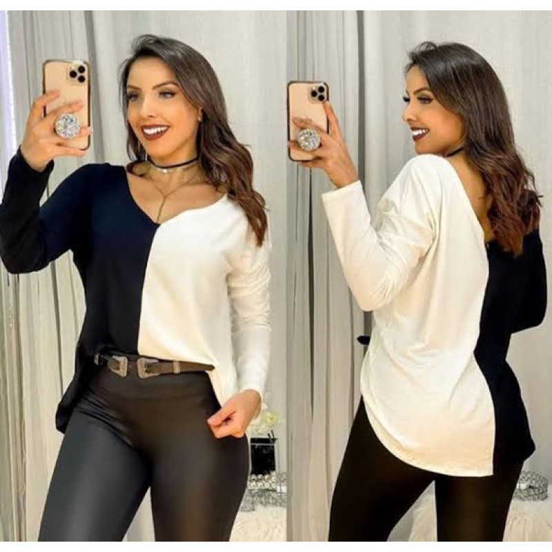 Blusa Feminina Manga Longa Bicolor Duas Cores Roupa Feminina Outono Inverno em Oferta na Shopee