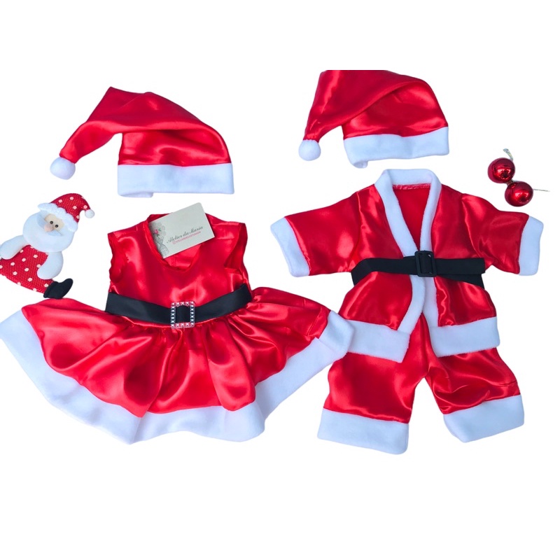Kit Roupa Papai Noel E Vestido Mamãe Noel Natal + Gorro