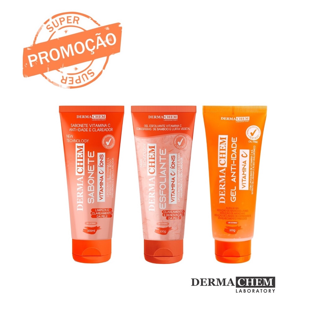 Kit Anti-Idade Vitamina C Sabonete Esfoliante Gel Dermachem C em Oferta na Shopee