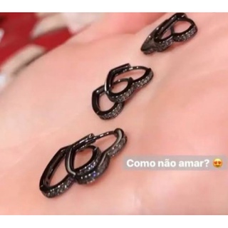 Brinco Trio Folheado Ródio Negro Argola Coração com Micro Zircônia Cristal shark gold