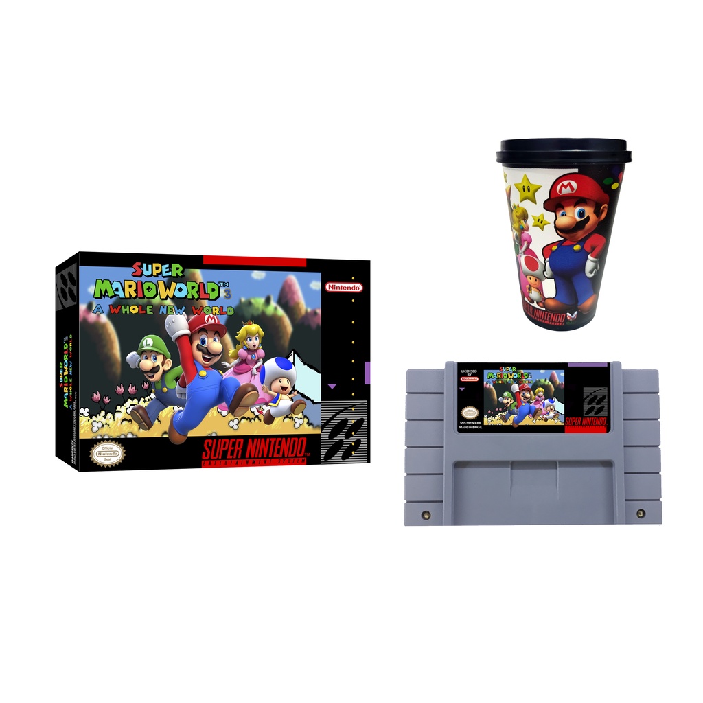 Super Mario World 3 - A Whole New World (Hack) com caixa e Copo colecionável 1 litro