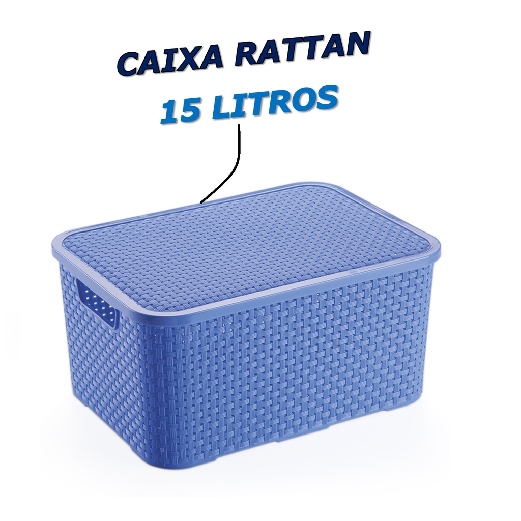 Kit 2 Caixas Rattan 15 Litros Caixa Organizadora Cesto Com Tampa Empilhável Caixa Azul