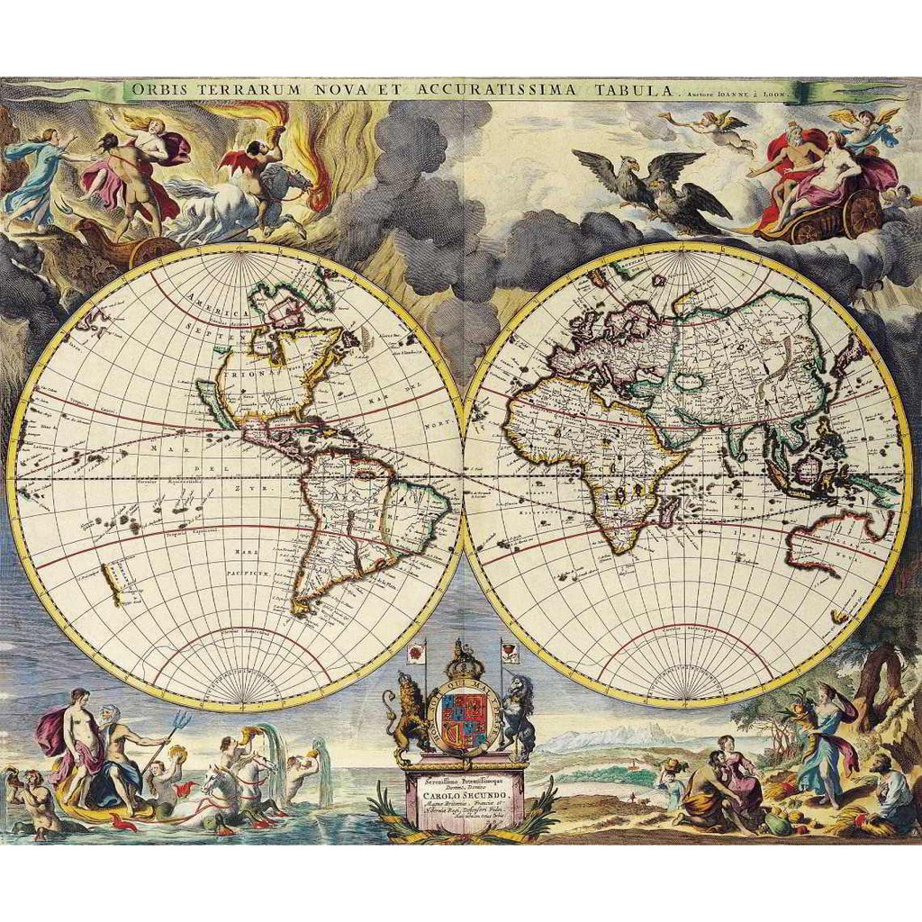 Mapa Mundi Antigo 1666 - Mapas - Tela Canvas Para Quadro