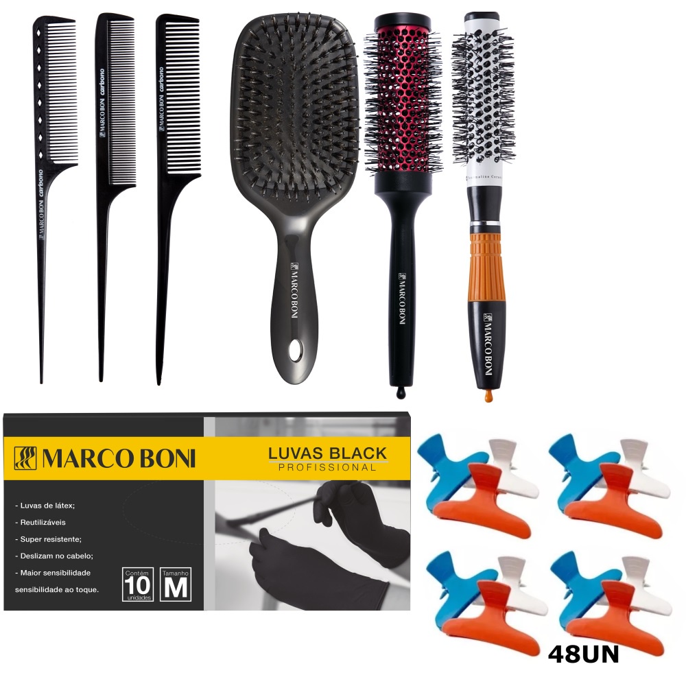 KIT PROFISSIONAL CABELEIREIRO ESCOVAS PENTES LUVA MARCO BONI