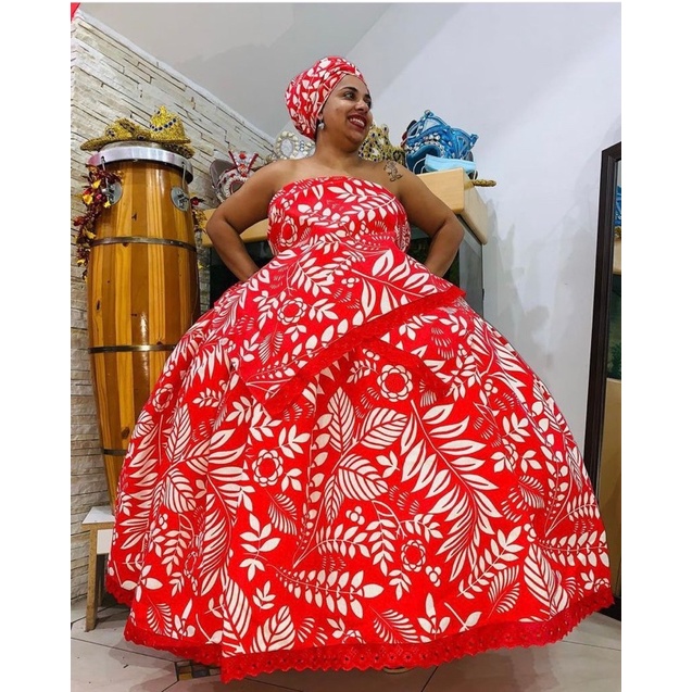 Baiana Estampada Vermelha com Folhas Brancas Rosa’s Textil