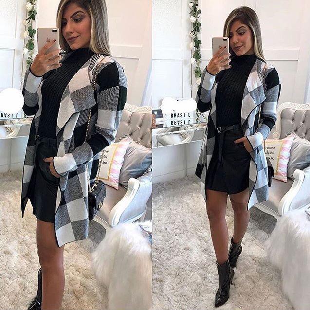 Casaco feminino tipo cardigan estampa xadrez, kimono de frio,  sobretudo tricô/tricot