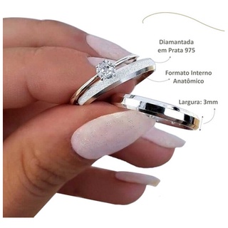 Aliança de namoro + Anel Solitario (prata950) 2mm