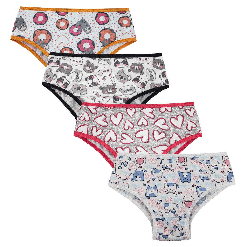 Calcinha infanto juvenil, estampas Sortidas, elástico viés - kit com 04 peças