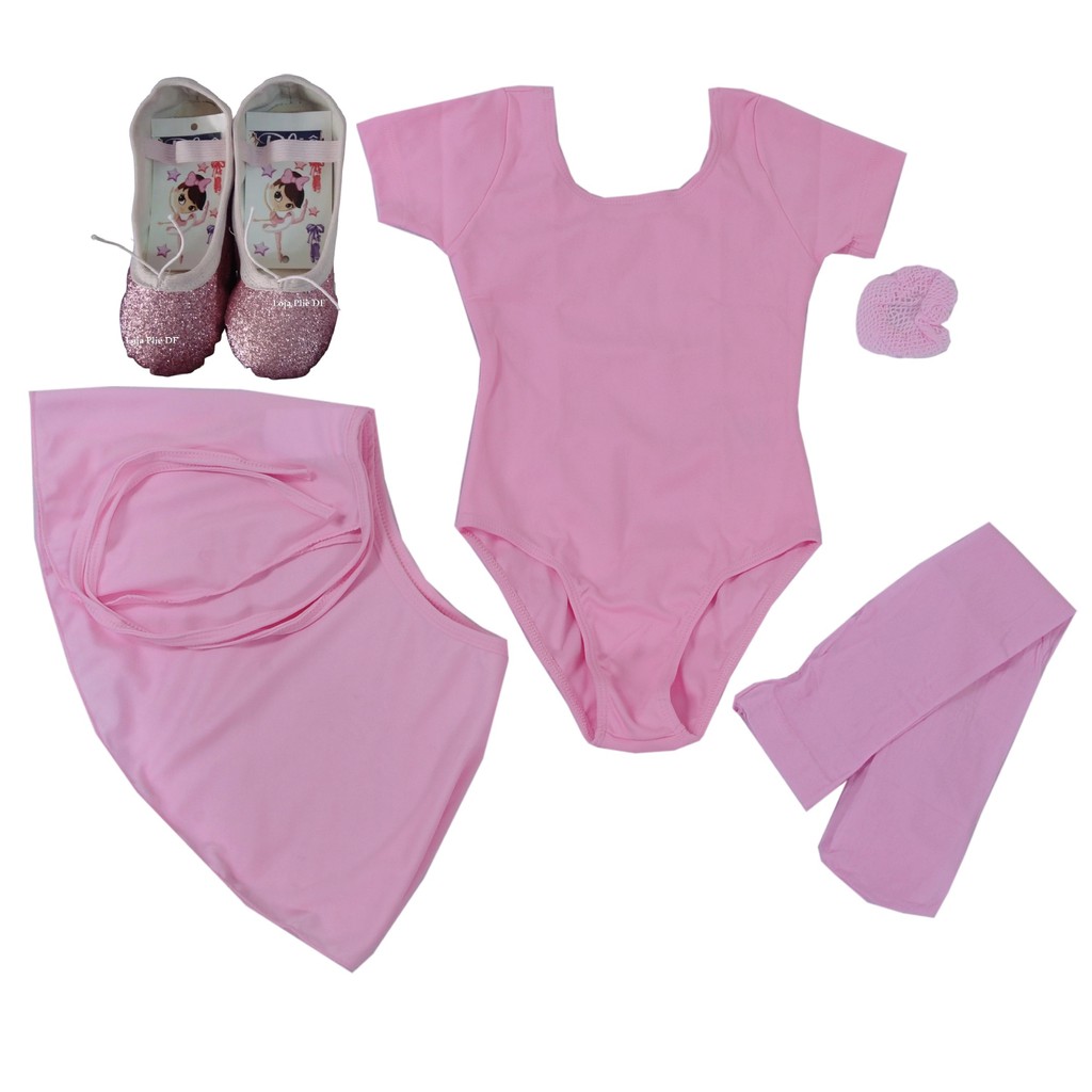 Roupa de Ballet Infantil Com Collant de Manguinha e Sapatilha de Brilho Glitter DE 12 A 16 Anos