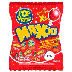 Pirulito Pop Mania Maxxi Morango Recheio Chiclete c/24 - Riclan