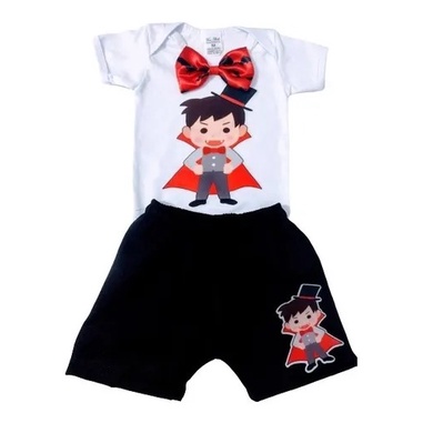 Conjunto Mesversário Bebê Menino Roupa Infantil Halloween Festa Fantasia C/ Body + Shorts