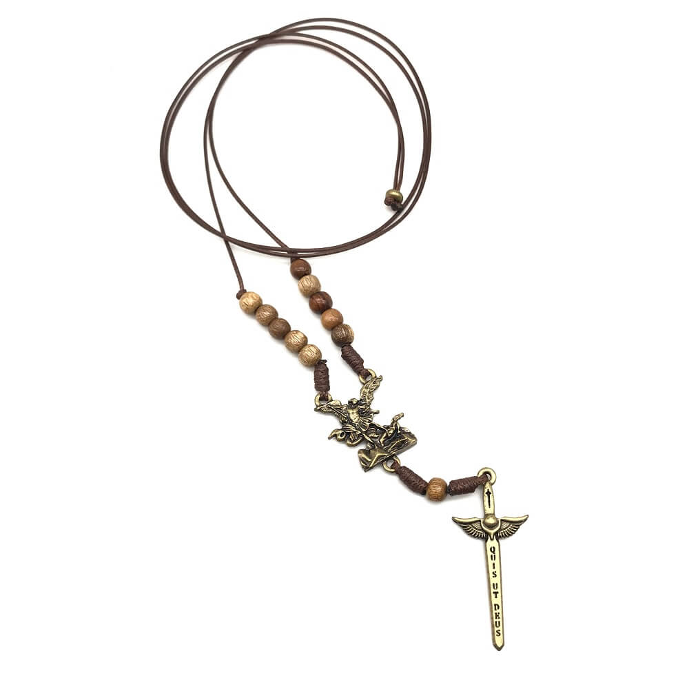 Crucifixo Colar de Pescoço Masculino São Miguel Arcanjo Dezena com Cordão Imbuia