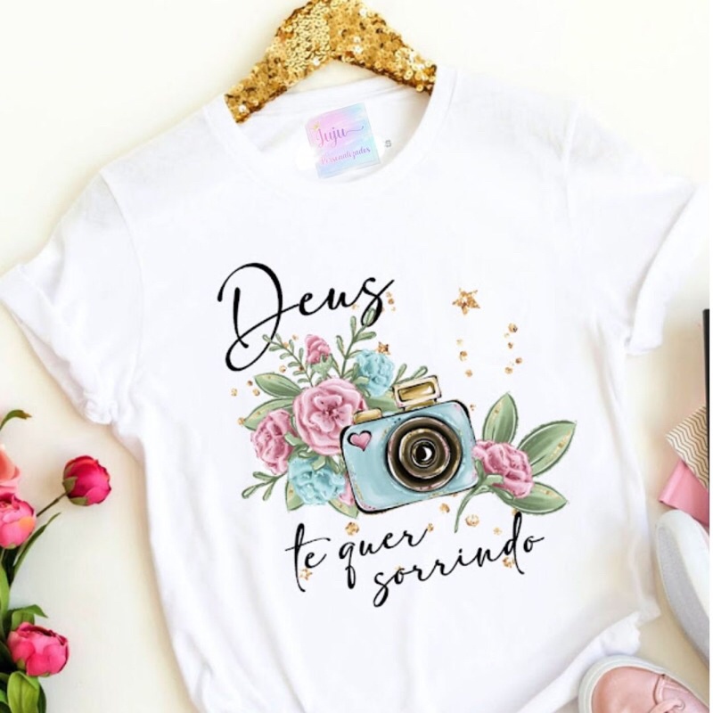 T-Shirt Baby Look Feminina Moda Evangélica Fé/Menina dos Olhos de Deus/Floresça onde Deus te Plantar/Tudo Posso Naquele Que Me Fortalece