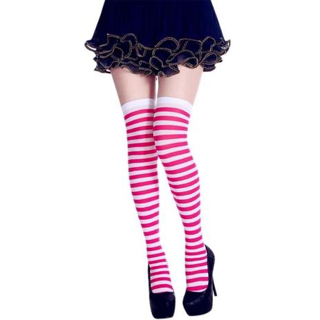 Meia Calça 7/8 Listrada Cosplay Branco e Rosa Acessorio Carnaval Halloween Moranguinho