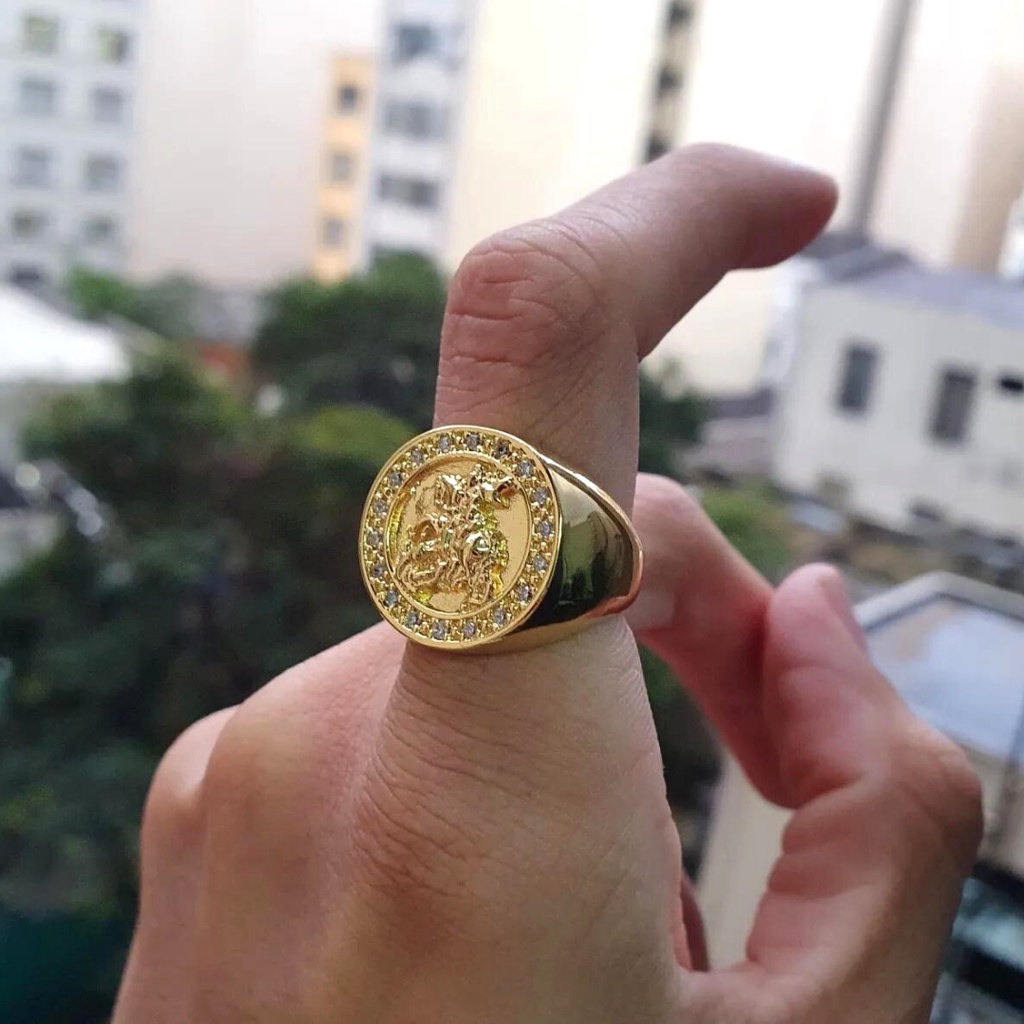 Dedeira Masculina São Jorge Banho Ouro 24k Garantia Anel Cravejado