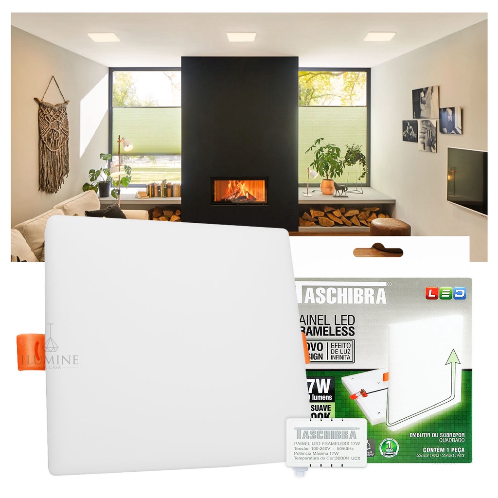Painel LED Taschibra Frameless 17W Quadrado Embutir ou Sobrepor em Oferta na Shopee