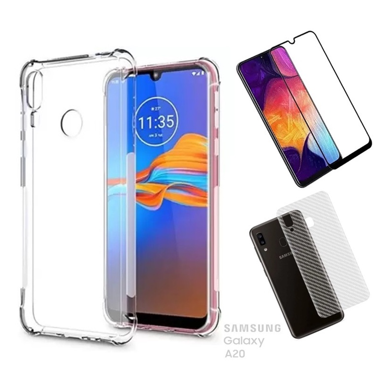 Capa Com Samsung Galaxy A20 sm-A205 Capa Anti-impacto Película vidro / Gel / 9d Cerâmica Película traseira Fibra Carbono