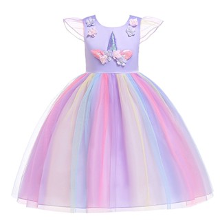 Meninas Vestido De Perucas Arco-Íris Unicórnio Vestidos De Festa Meninas De Algodão Vestido De Princesa Natal 3-9 Y em Oferta na Shopee