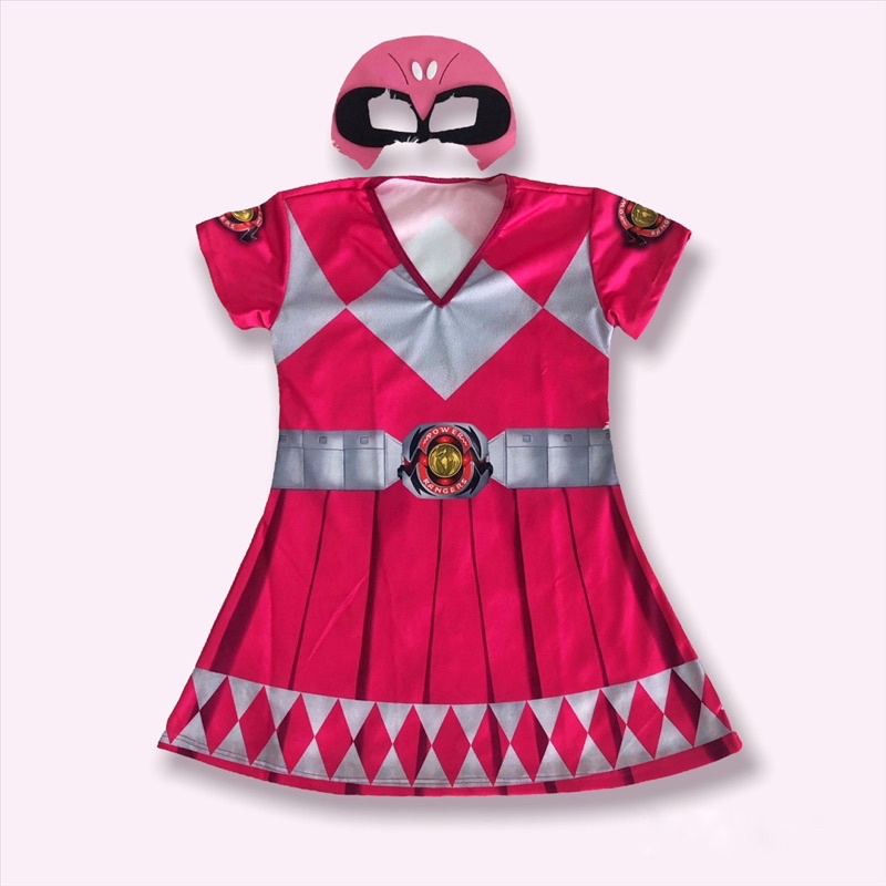 Fantasia Temática Vestido Power Ranger Rosa Infantil Feminina Princesa Barato Menina Promoção Máscara