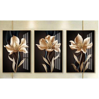Quadros Decorativos 3 peças sala quarto Flor Dourada