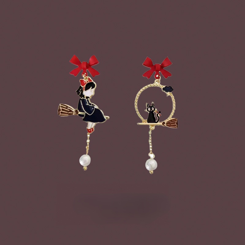 Brincos Pretos De Entrega De Kiki's Delivery Service , Laço Vermelho , De Pérolas Assimétricas De Prata 925 , Clipes De Orelha Feminina