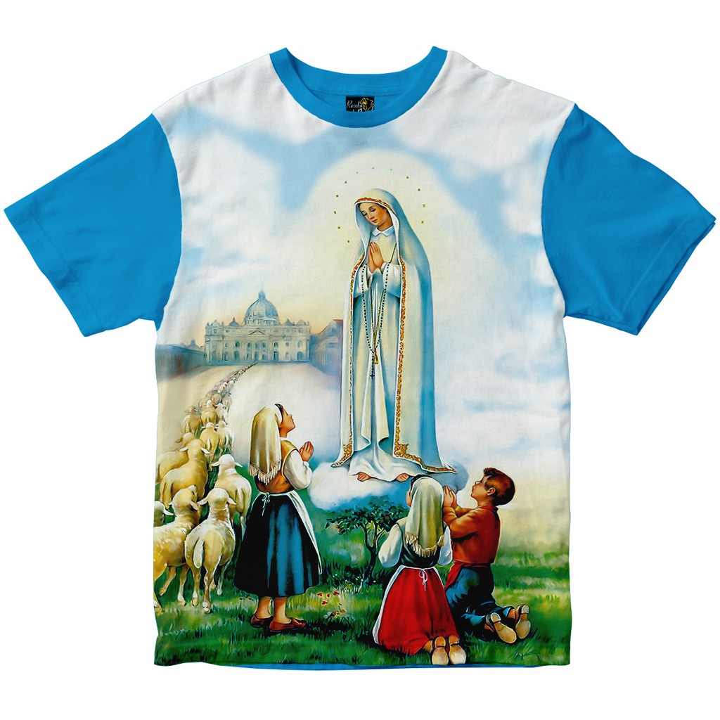 Camiseta Nossa Senhora de Fátima e os Pastorinhos Rainha do Brasil Azul Turquesa