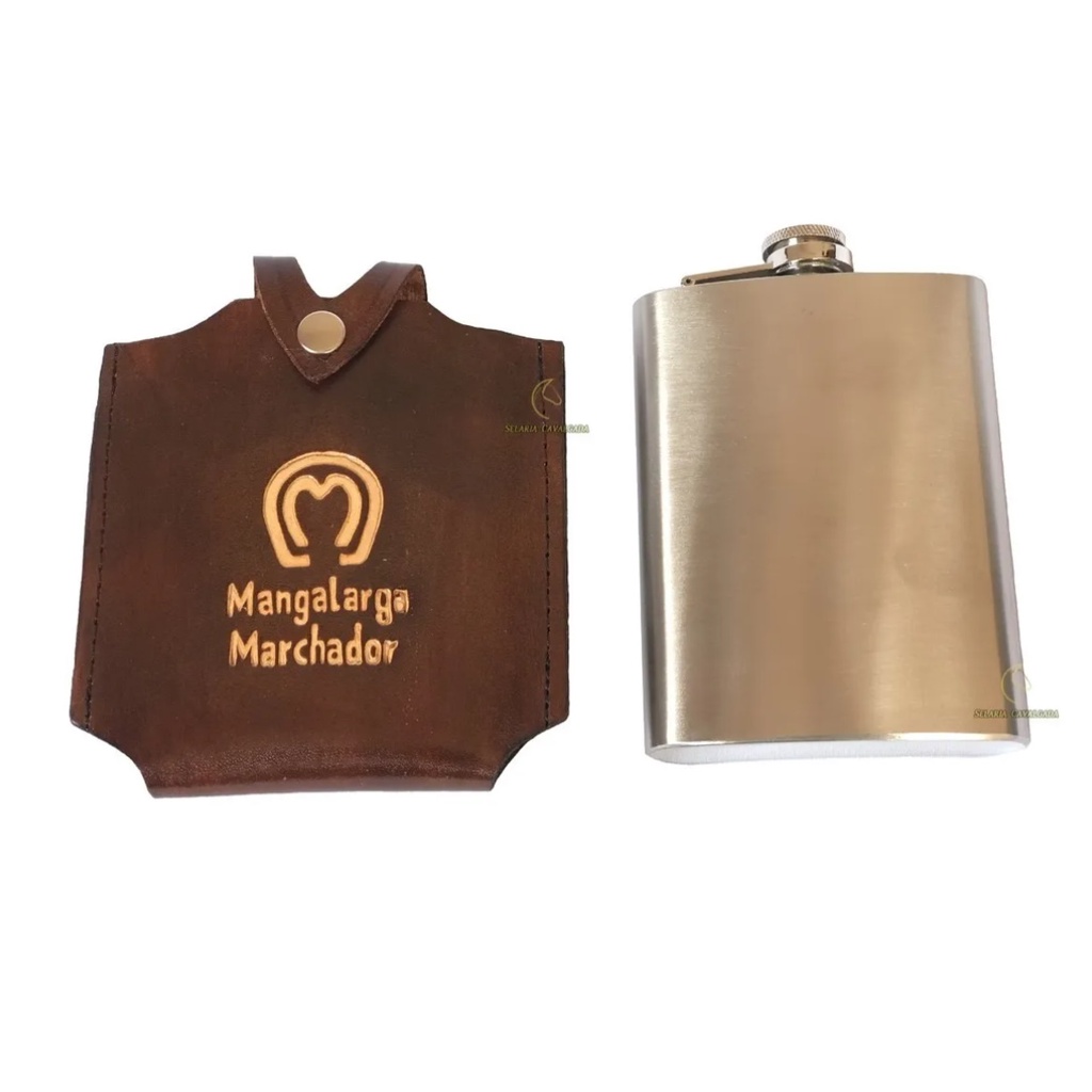 Cantil Country Térmico De Bolso Porta Cachaça E Porta Cantil De Couro Mangalarga