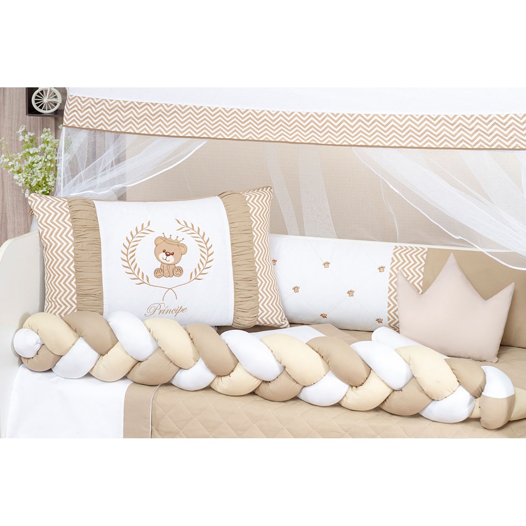 Kit Berço Trança Urso Teddy Bege Caqui Completo Com Lençol e Saia Box 11 Peças LINHA BABY REI DO KIT BERÇO AMERICANO