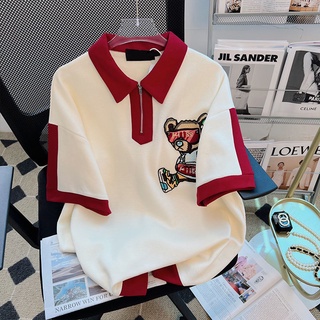 Camiseta Polo De Urso Bordado Contraste De Manga Curta Verão Novo Casual Folgada Coreana Comprimento Médio Top