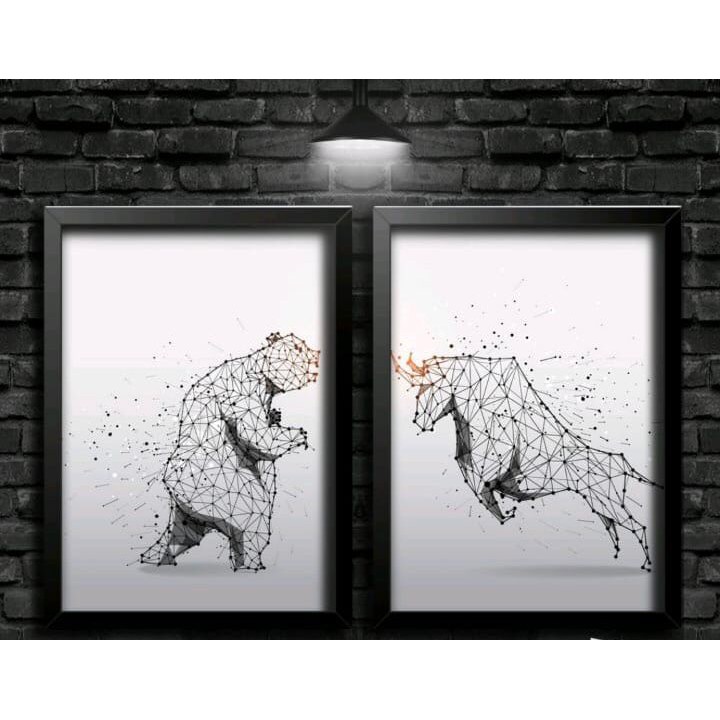 Quadros Decorativos - Urso E Touro Branco E Preto - Mercado Financeiro - Touro Dourado - Trader -
