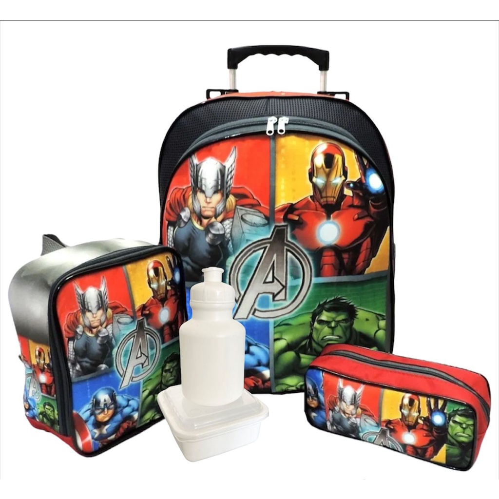 Kit Mochila Infantil Vingadores Super Herois Rodinhas Tam M Media 2 3 4 Anos + Lancheira F5
