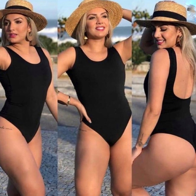 Maio Femenino Body Cavado Maio Preto e Maiô Estampado