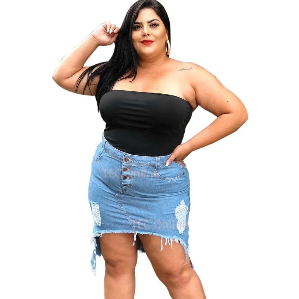 Saia Jeans Plus Size Destroyed Rasgada Midi Cintura Alta