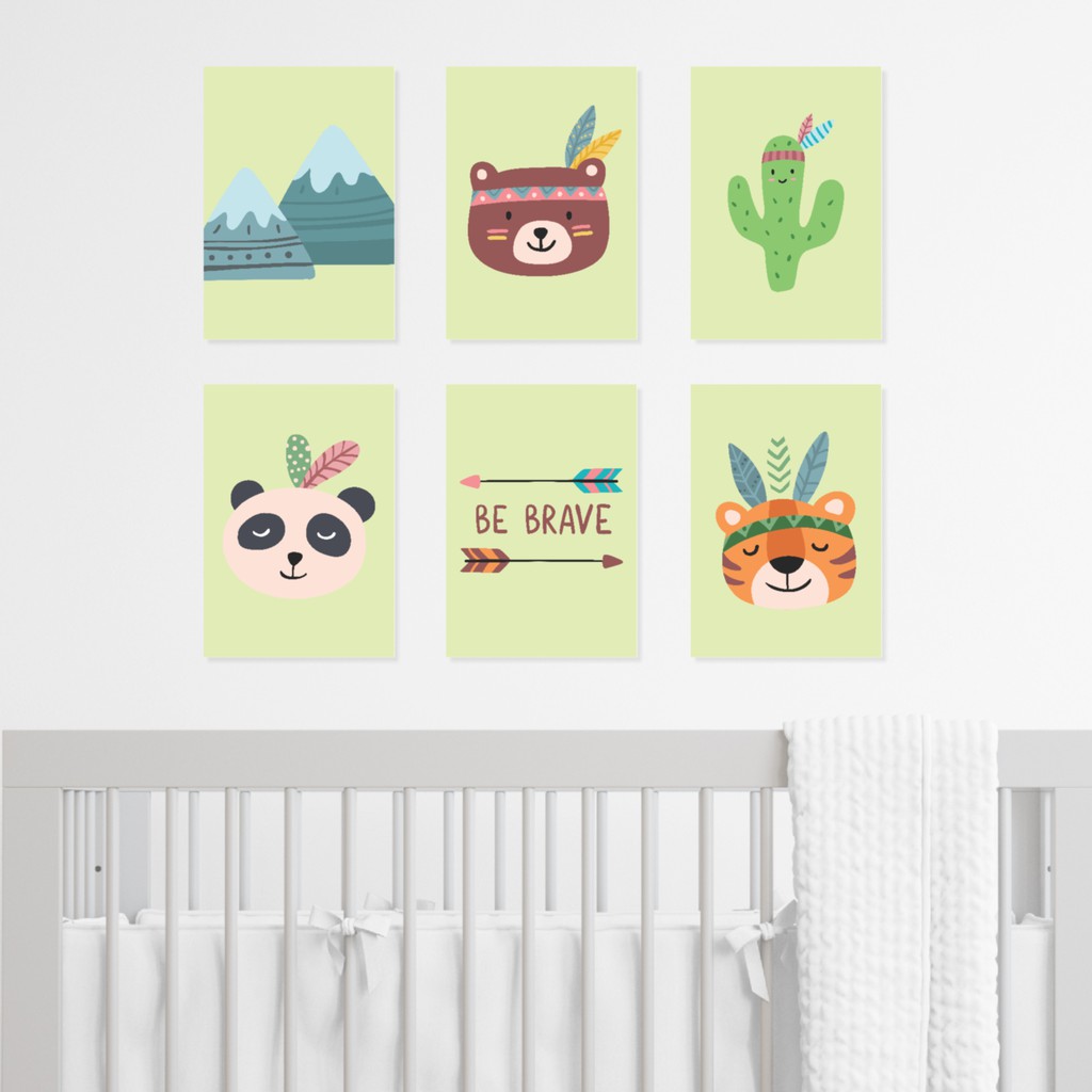 Kit com 6 Quadros / Pôster Infantil - Bichinhos Coloridos - Índios, Verde, Cacto, Montanha - Be Brave - Kit 53