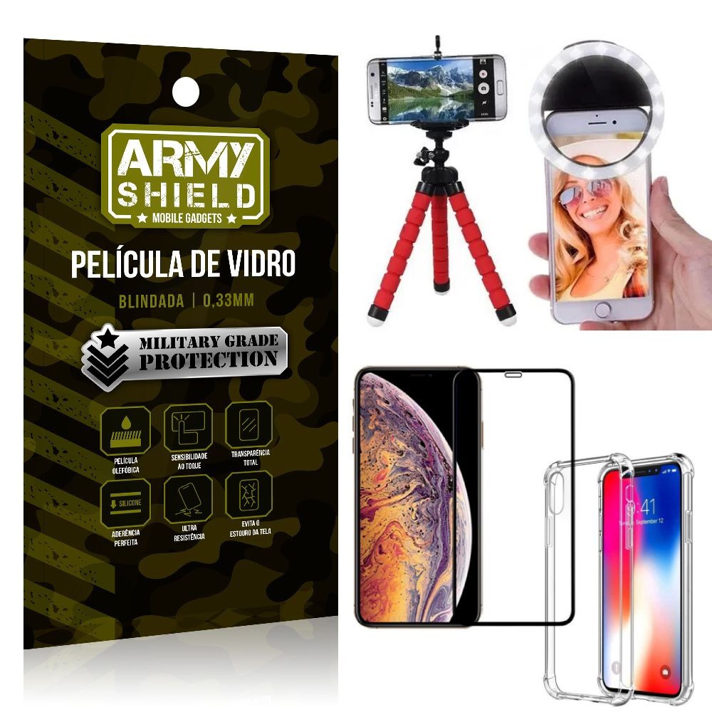 Kit Mini Tripé + Selfie Ring Light iPhone XS 5.8 + Capa Anti Impacto + Película Vidro 3D