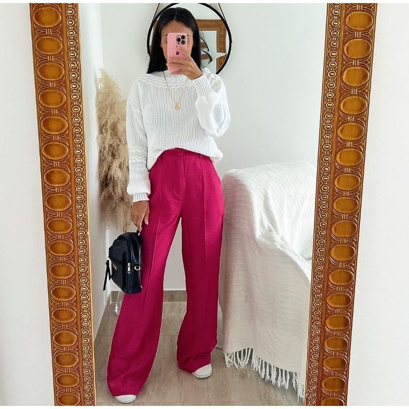 calça pantalona feminina  cintura alta tecido duna e alfaiataria