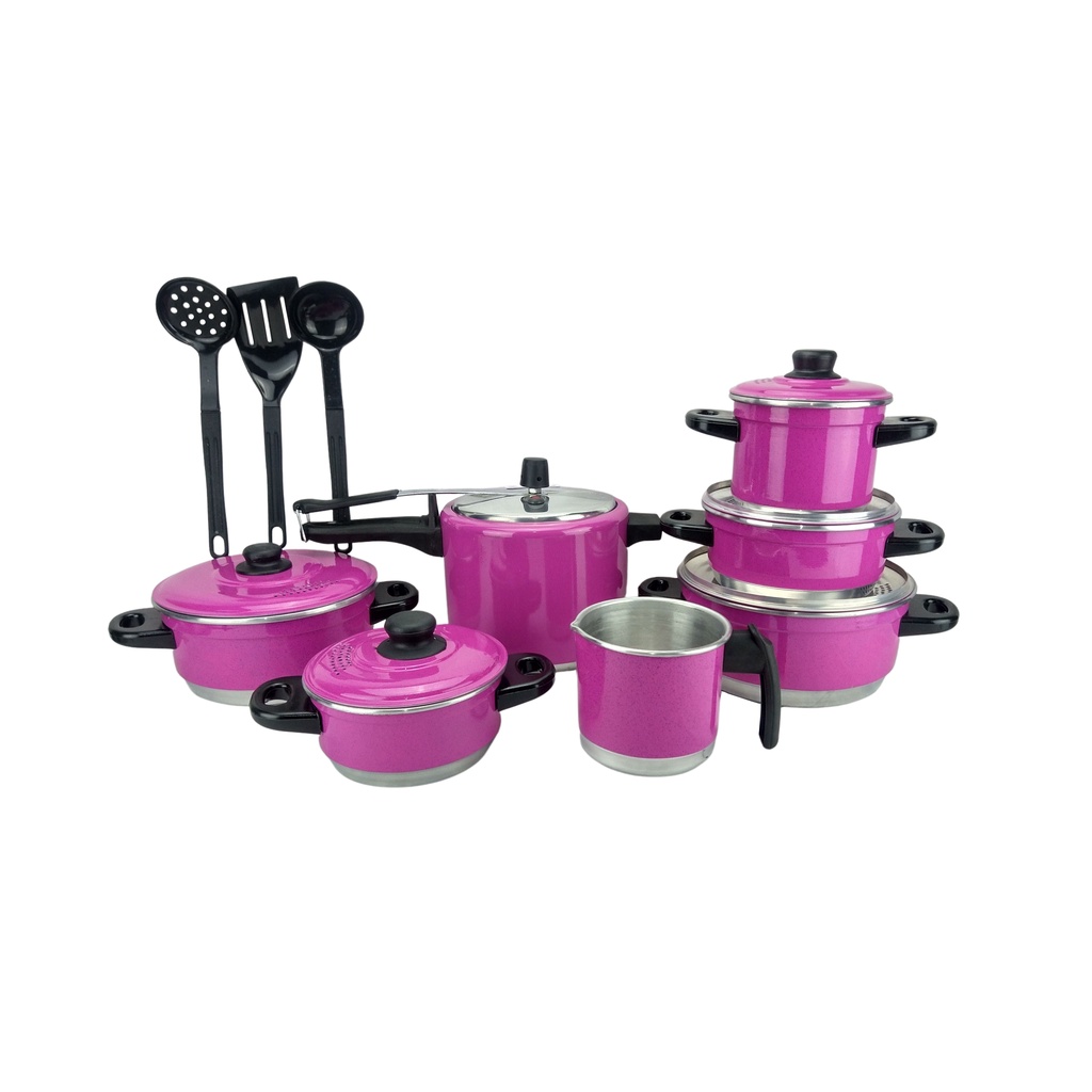 jogo de panela + panela de pressão 4.5L + talheres rosa pink