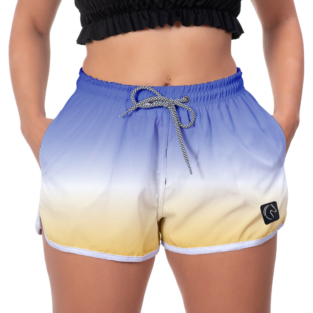 Short Praia Feminino W2 Degrade Azul e Amarelo Academia Casual Caminhada Esportivo Voley