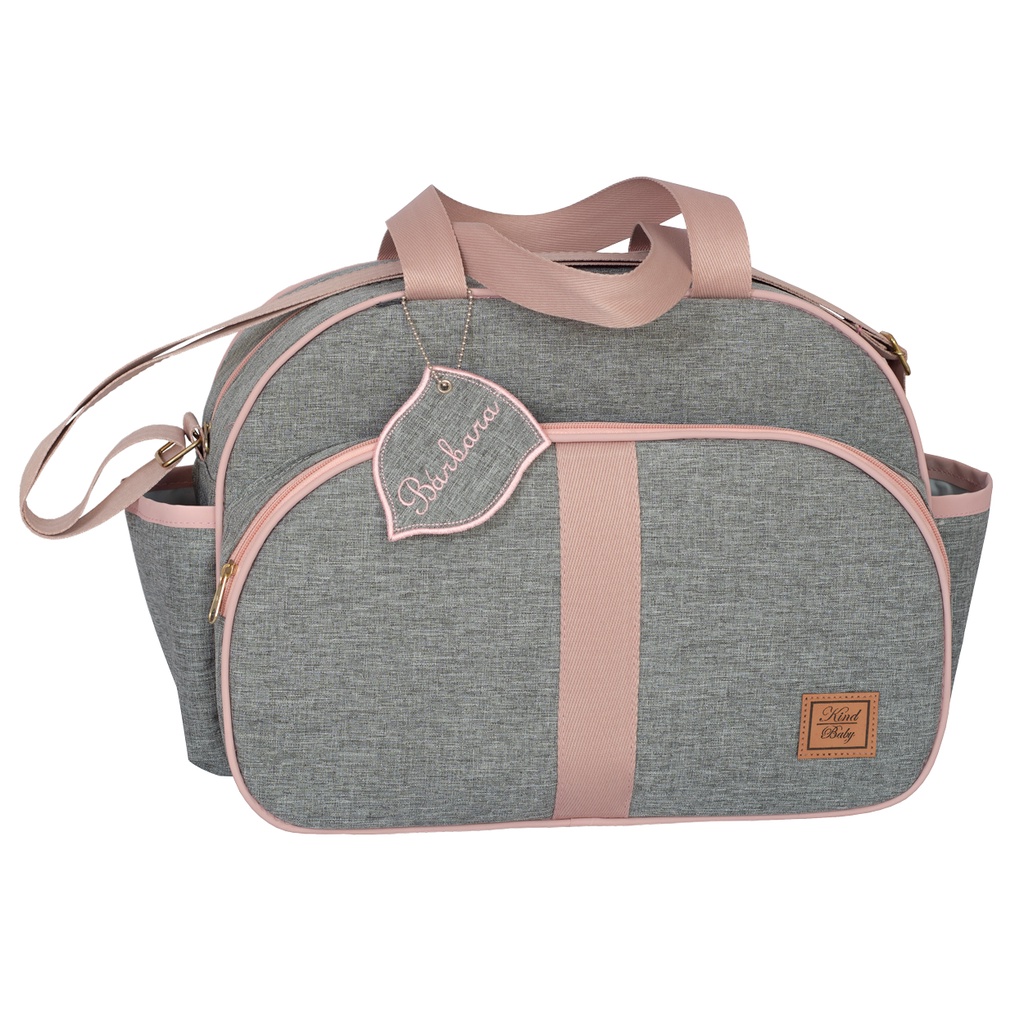 Bolsa Maternidade Linho Cinza Com Chaveiro Personalizado