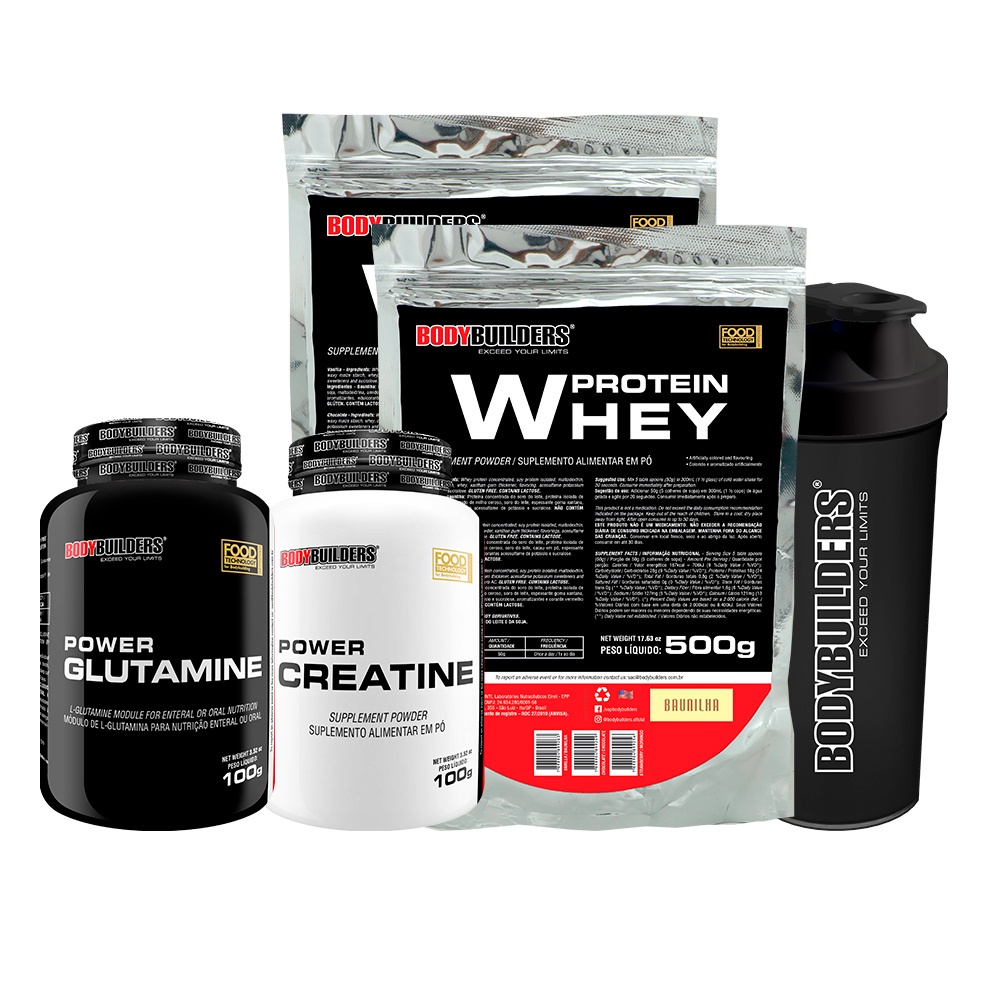 Kit 2x Whey Protein Concentrado em Blend Proteíco 500g + Power Creatina 100g + Power Glutamina 100g + Coqueteleira - BodyBuilders