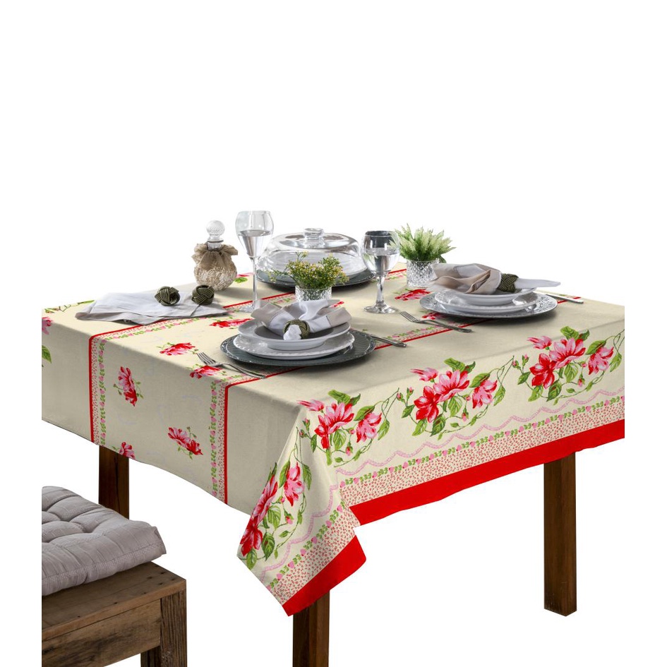 Toalha De Mesa Linhão 4 Lugares Quadrada Floral Vermelha
