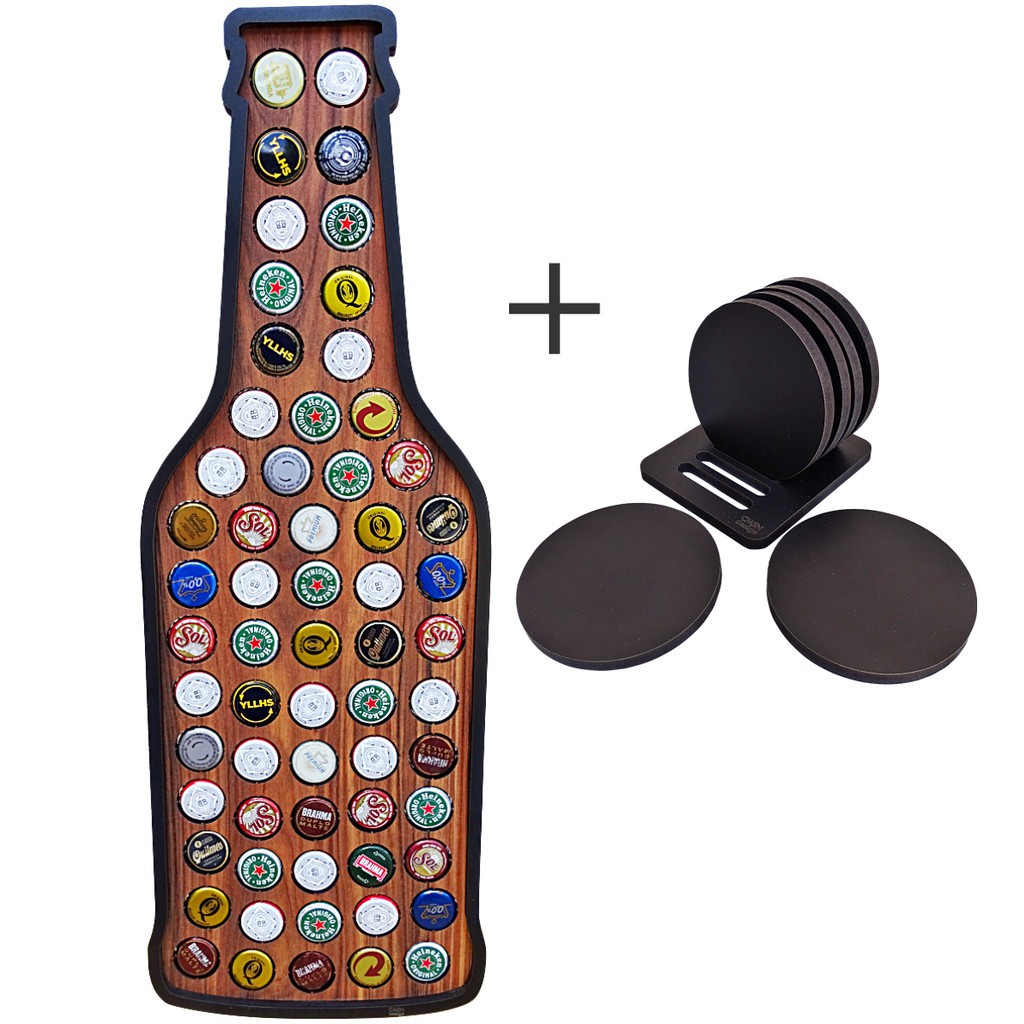 Quadro Porta Tampinhas de Cerveja Garrafa Decoração para Bar Barzinho e Cantinho do Churrasco em MDF Amadeirado Rustico + Porta Copos com 6 bolachas Promoção