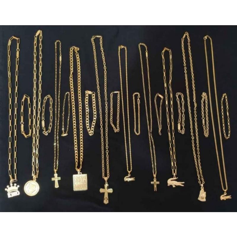 kit masculino 15 peças banhada ouro 18k - correntes-pukseuras-pingentes