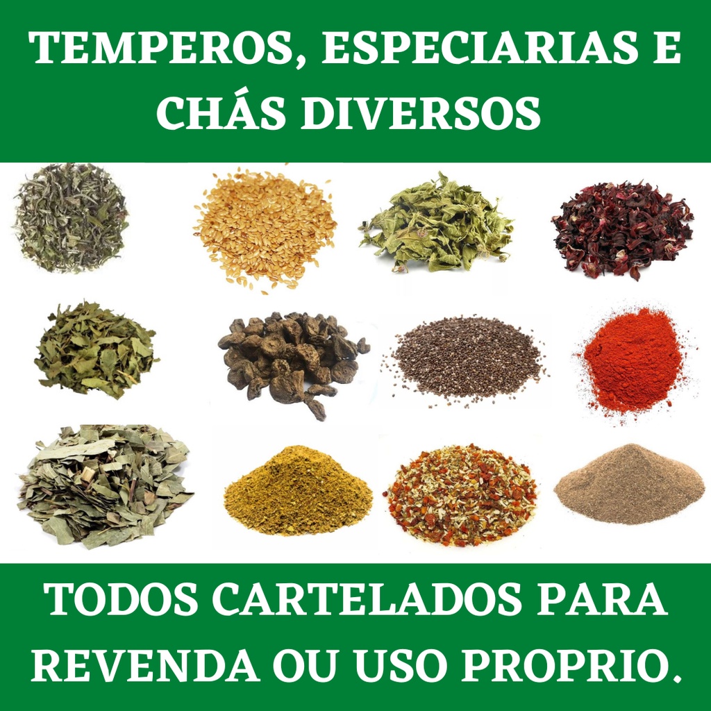Temperos, Especiarias, Chás e Ervas - Tempero Ana Maria, Colorau, Cominho, Manjericão, Orégano, Vinagrete, Pimenta Calabresa, Salvia, Páprica Doce, etc.