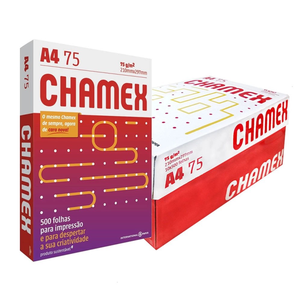 CAIXA COM 10 PACOTES de Papel Sulfite A4 CHAMEX Branco, 75G, 500 Folhas ...