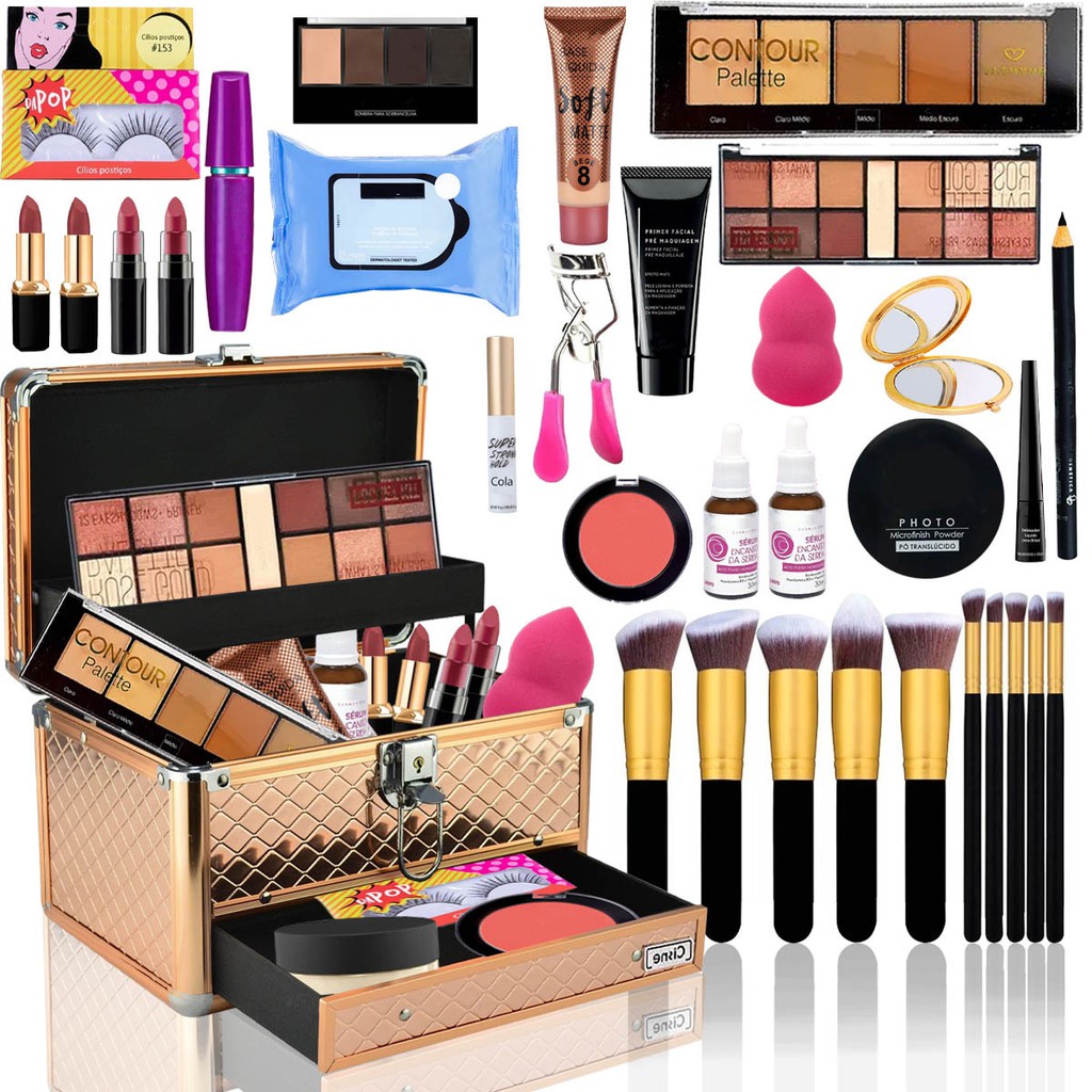 Maleta Com Maquiagem Completa Profissional Conjunto Pinceis Bz85
