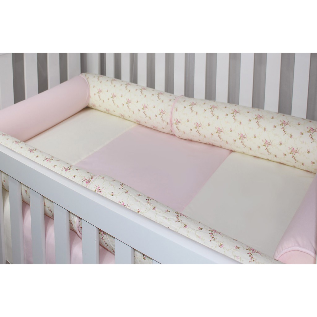 Kit Rolinho Berço Floral Rosa Protetor 06 Peças Menina