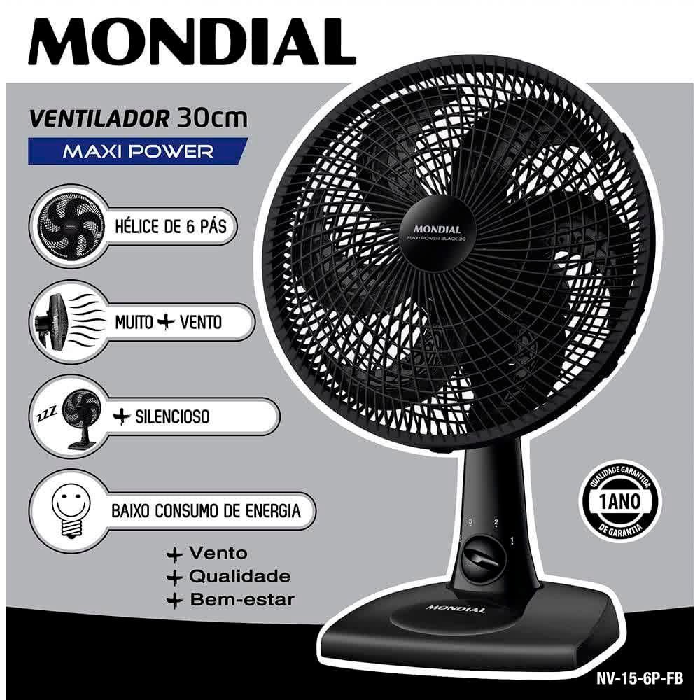 Ventilador de Mesa Mondial Maxi Power 30cm 6 Pás 3 Velocidades NV-15 Preto