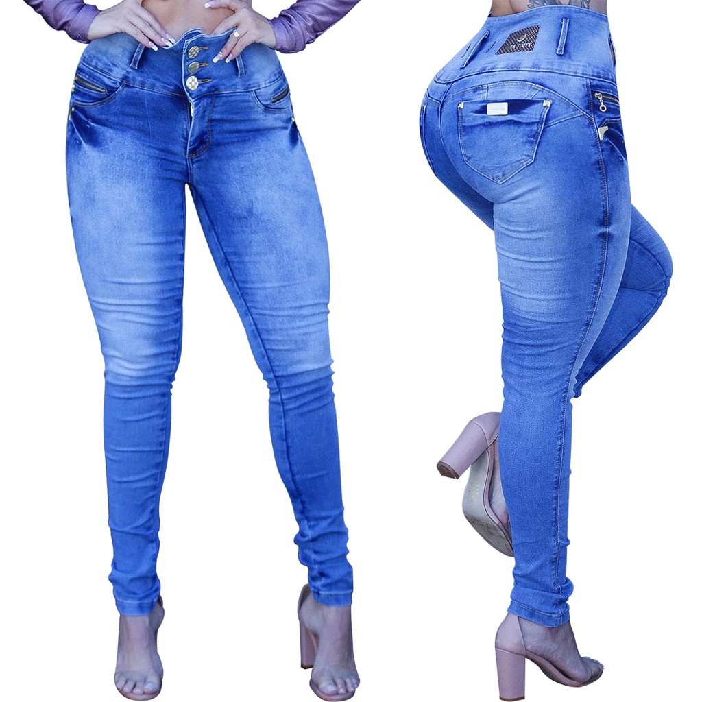 Calça Barata Cós Alto Azul Aço Lycra Botões Estilo Pit Bull Calça Modeladora Linda