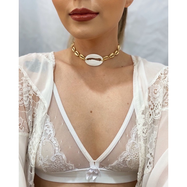colar choker feminino de búzios dourados banhado a ouro